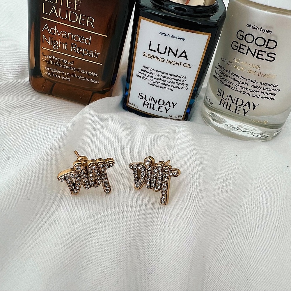 Dior Gold Brass Antiqued Logo Stud Earrings
